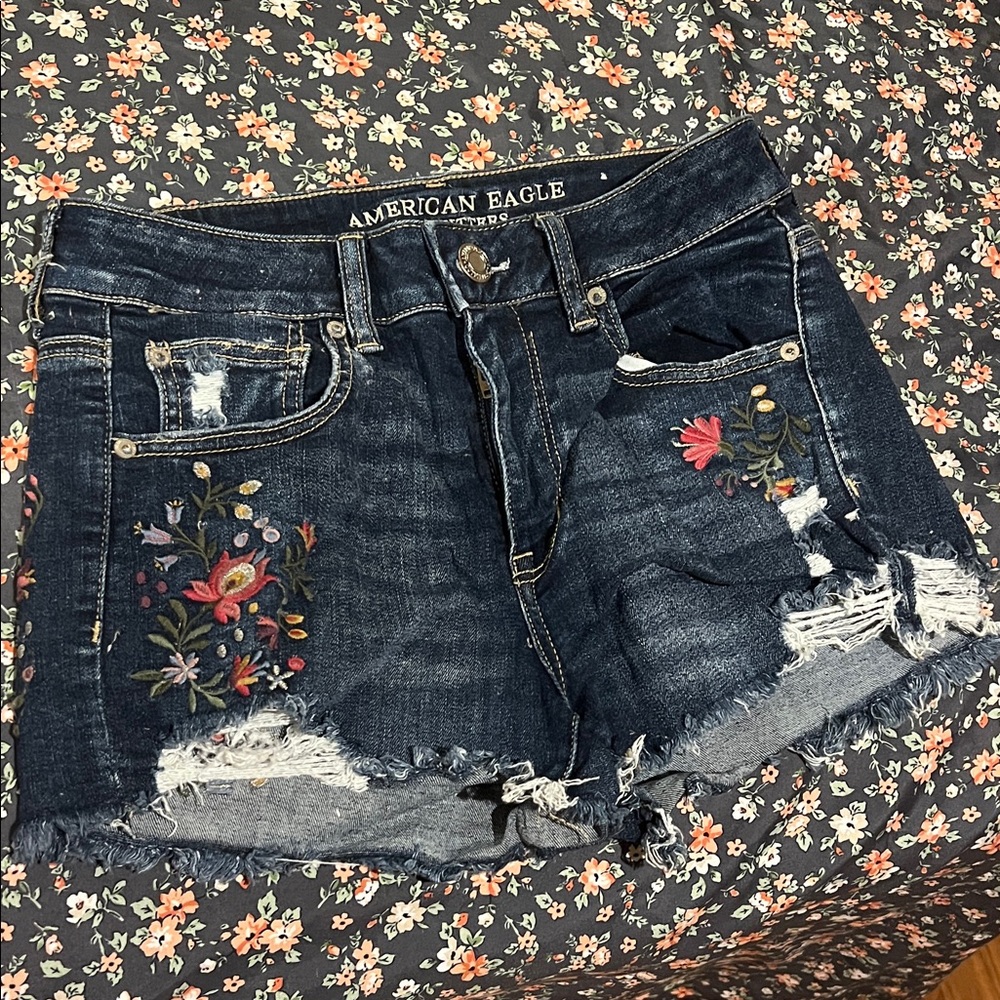 American Eagle Outfitters Dark Blue Embroidered Distressed Denim Shorts